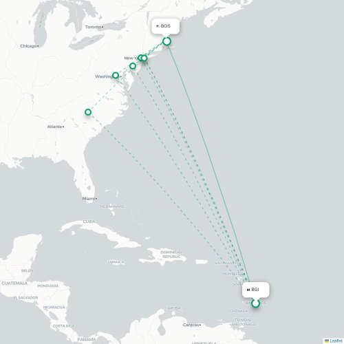 Mapa lotu bezpośredniego Bridgetown – Boston