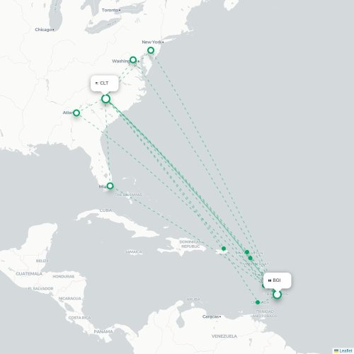 Mapa lotu bezpośredniego Bridgetown – Charlotte