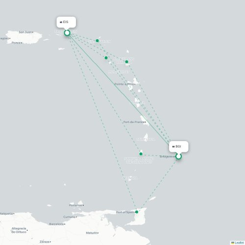 Mapa de vuelo directo Bridgetown - Road Town