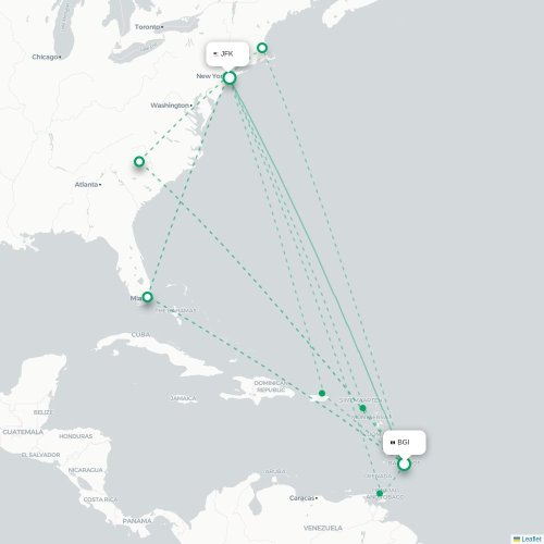 Mapa lotu bezpośredniego Bridgetown – Nowy Jork