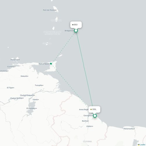 Mapa de vuelo directo Bridgetown - Georgetown