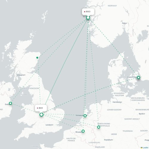 Mapa de vuelo directo Bergen - Birmingham