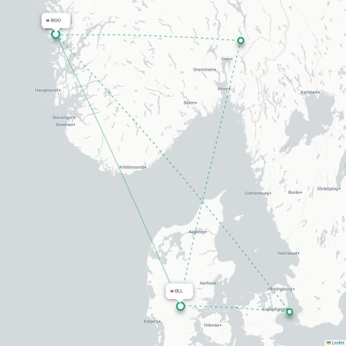 Mapa de vuelo directo Bergen - Billund