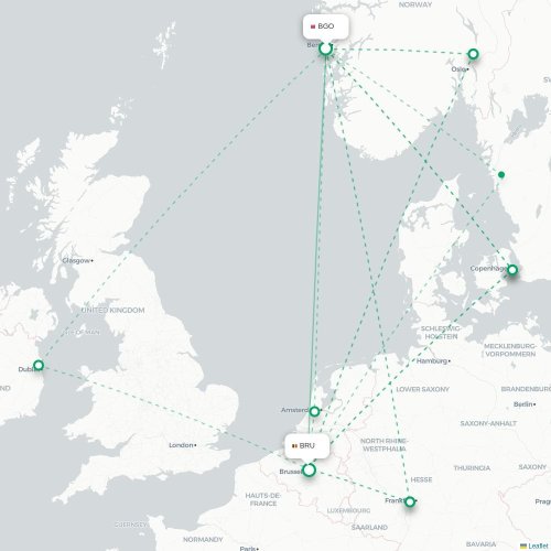 Mapa de vuelo directo Bergen - Bruselas
