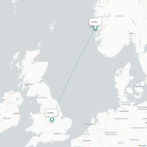 Mapa de vuelo directo Bergen - Nottingham