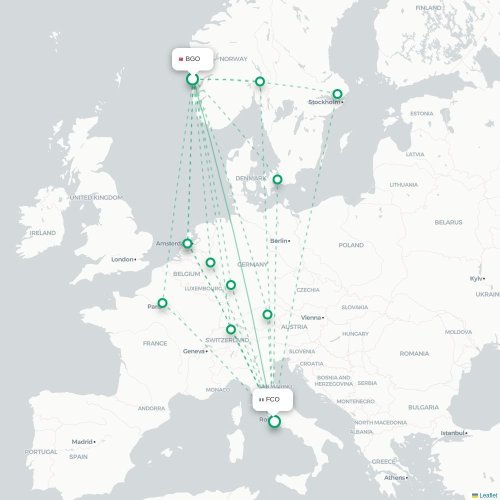 Mapa de vuelo directo Bergen - Roma