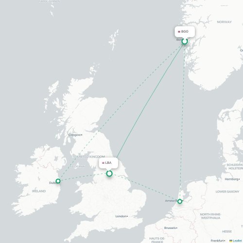 Mapa de vuelo directo Bergen - Leeds, Condado de Yorkshire del Oeste