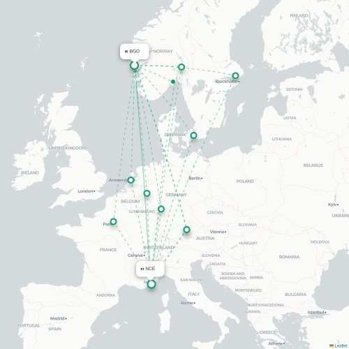 Mapa de vuelo directo Bergen - Niza