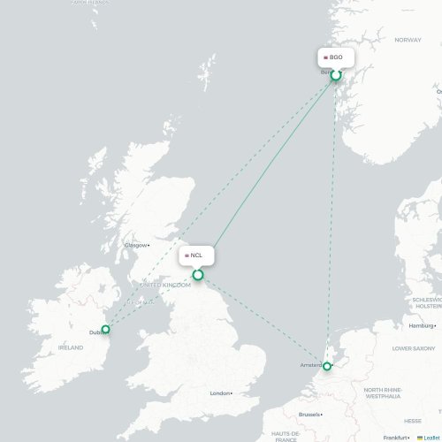 Mapa de vuelo directo Bergen - Newcastle-upon-Tyne