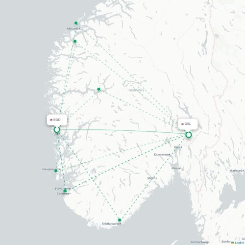 Mapa de vuelo directo Bergen - Oslo