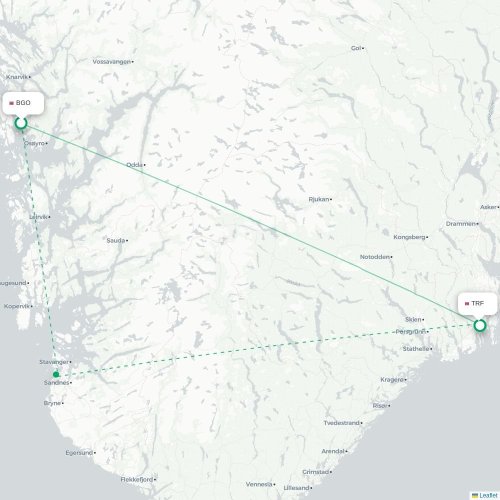 Mapa de vuelo directo Bergen - Oslo