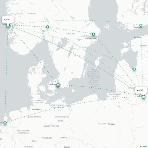 Mapa lotu bezpośredniego Bergen – Wilno