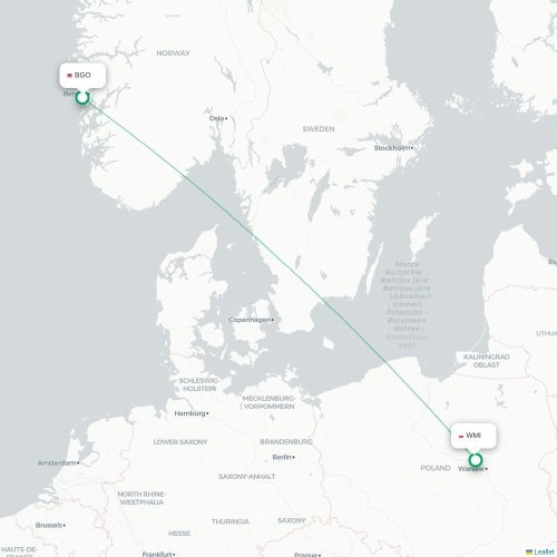 Mapa de vuelo directo Bergen - Varsovia