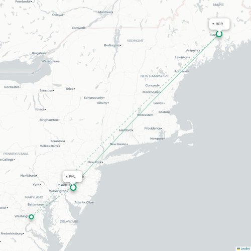 Mapa de vuelo directo Bangor - Filadelfia