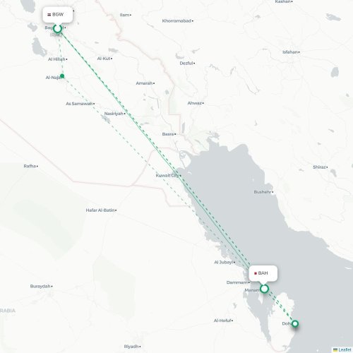 Bagdad - Manama kort over direkte fly