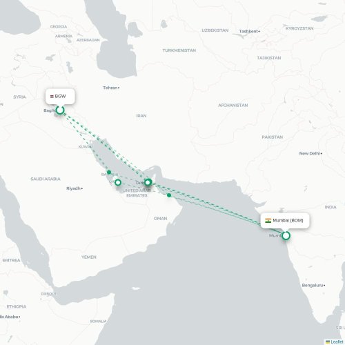 Mapa lotu bezpośredniego Bagdad – Mumbaj