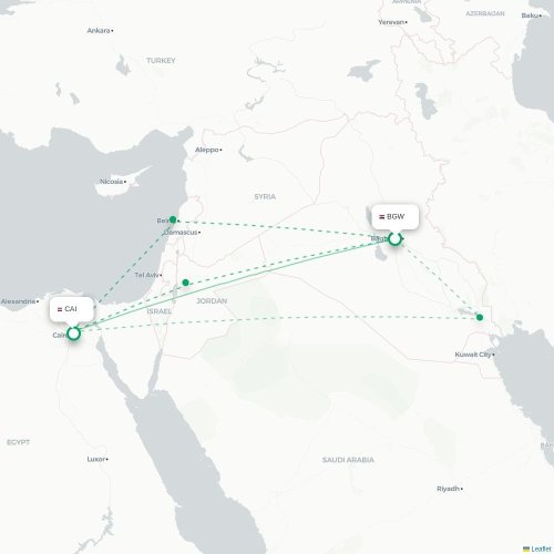 Mapa lotu bezpośredniego Bagdad – Kair