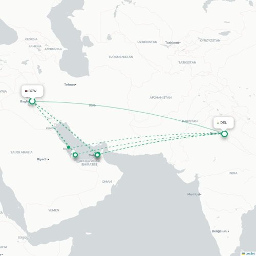 Mapa lotu bezpośredniego Bagdad – Nowe Deli