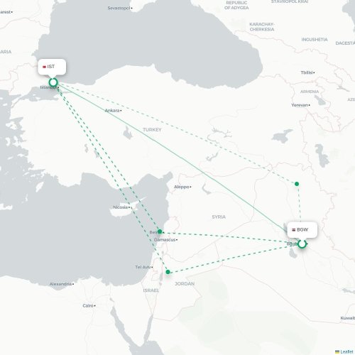 Mapa de vuelo directo Bagdad - Estambul