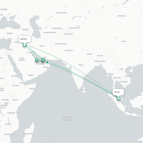 Mapa de vuelo directo Bagdad - Kuala Lumpur