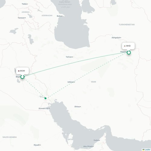 Mapa de vuelo directo Bagdad - Mashhad