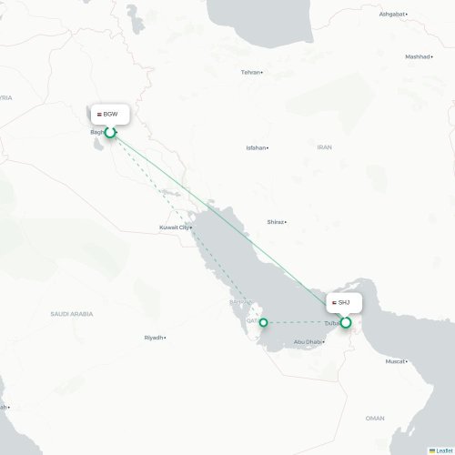 Mapa lotu bezpośredniego Bagdad – Szardża