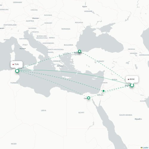 Mapa de vuelo directo Bagdad - Túnez