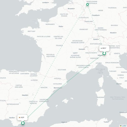 Mapa de vuelo directo Bérgamo - Málaga