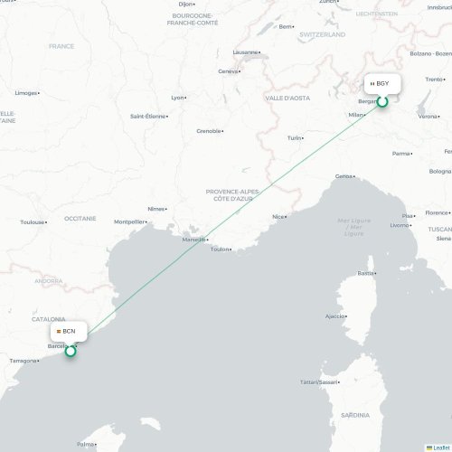Mapa de vuelo directo Bérgamo - Barcelona