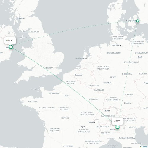 Mapa lotu bezpośredniego Bergamo – Dublin
