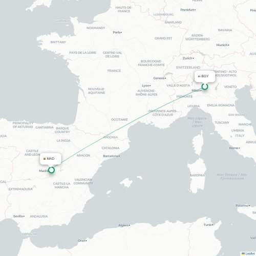Mapa de vuelo directo Bérgamo - Madrid