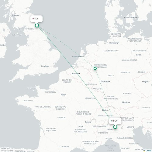 Mapa de vuelo directo Bérgamo - Newcastle-upon-Tyne