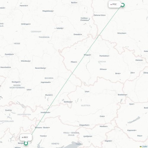 Mapa lotu bezpośredniego Bergamo – Poznań