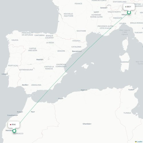 Mapa lotu bezpośredniego Bergamo – Marrakesz