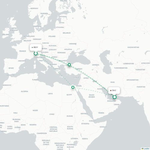 Mapa lotu bezpośredniego Bergamo – Szardża