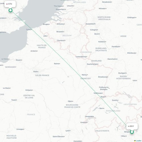 Mapa de vuelo directo Bérgamo - Londres