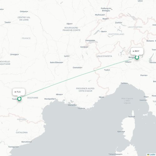 Mapa de vuelo directo Bérgamo - Toulouse
