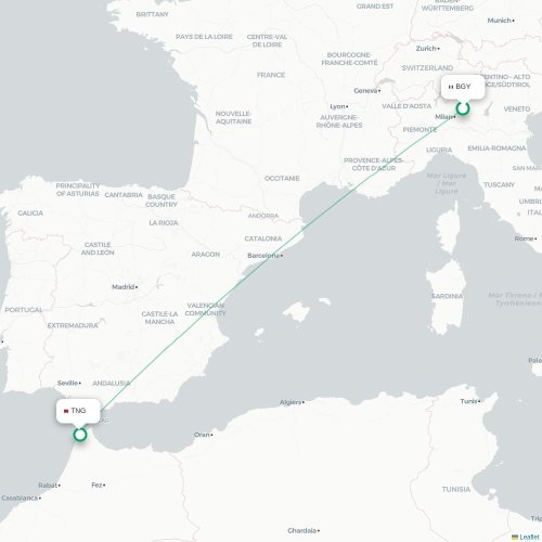 Mapa lotu bezpośredniego Bergamo – Tanger