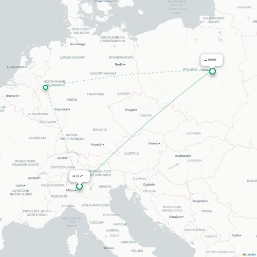 Mapa lotu bezpośredniego Bergamo – Warszawa