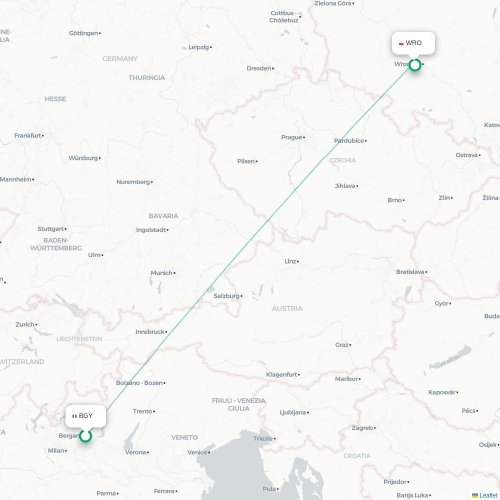 Mapa lotu bezpośredniego Bergamo – Wrocław
