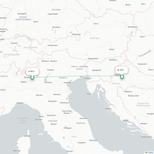 Bergamo – Zagreb suoran lennon kartta