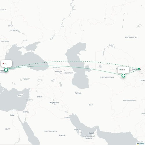 Mapa de vuelo directo Bujará - Estambul