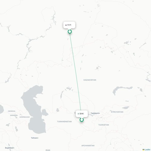 Mapa de vuelo directo Bujará - Ekaterinburgo