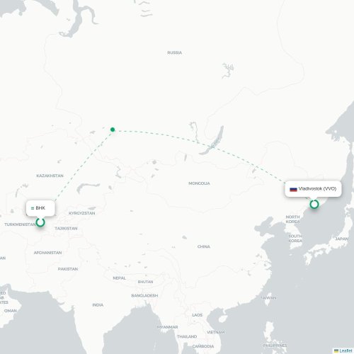 Mapa de vuelo directo Bujará - Vladivostok