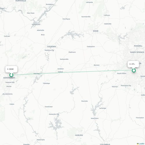 Mapa de vuelo directo Birmingham - Atlanta