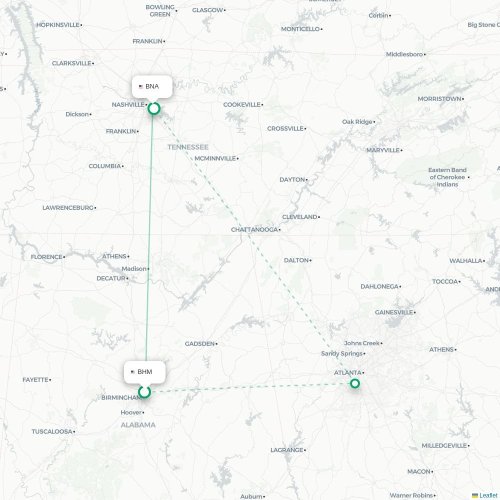 Mapa de vuelo directo Birmingham - Nashville