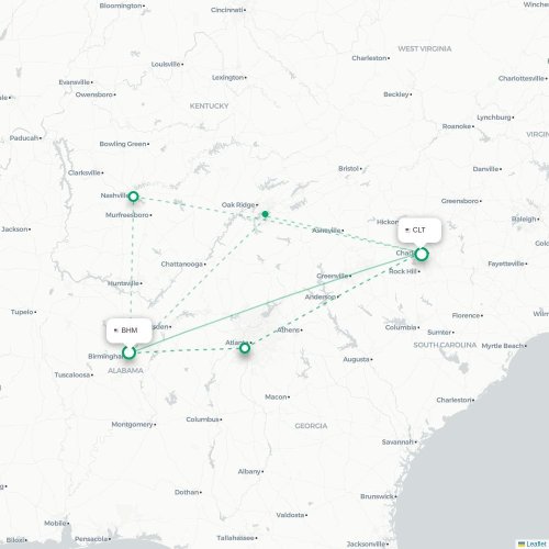 Mapa de vuelo directo Birmingham - Charlotte