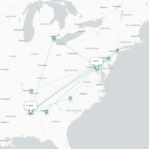 Mapa de vuelo directo Birmingham - Washington D. C.