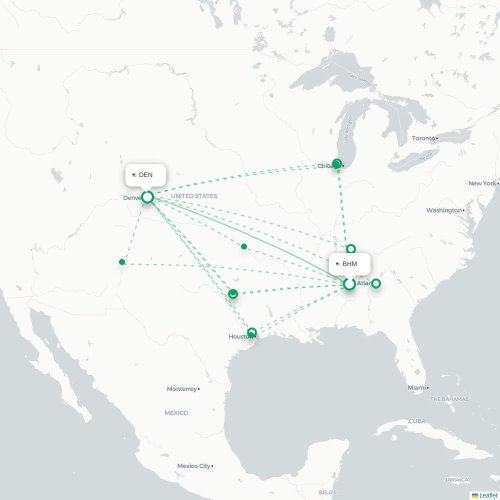 Mapa de vuelo directo Birmingham - Denver