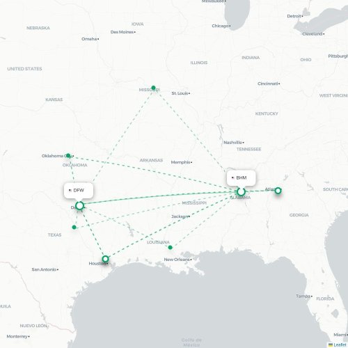 Mapa de vuelo directo Birmingham - Dallas